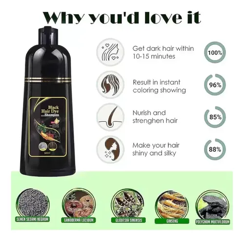 Shampoo Tinte Negro Herbal Para Cubrir Canas Y Reparar Cabe