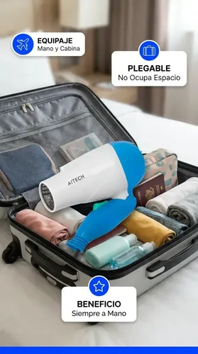 Secador De Cabello Plegable Azul Aitech Portatil Aire Frio Caliente Cuidado Personal Viaje Hogar Belleza Peluqueria Profesional Universal Liviano Practico Mango Plegable