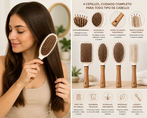 Set X4 Cepillos De Madera Para Todo Tipo De Cabello Y Pelo