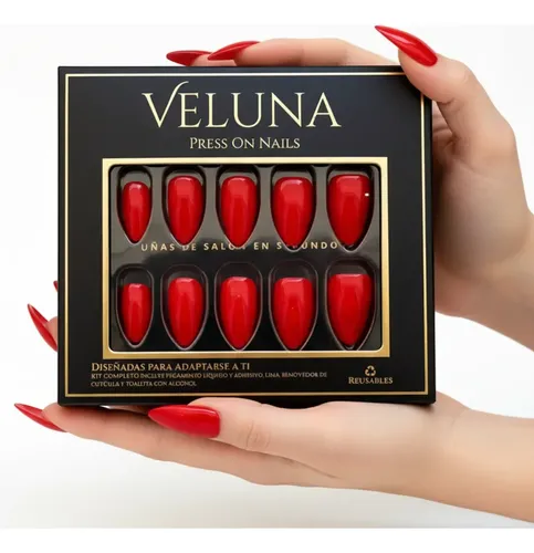 Uñas Press On Veluna Almendras 32u Cortas Reutilizables Kit Rojo