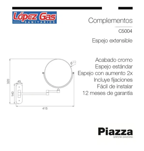Espejo Baño Extensible Circular Piazza Aumentox2 Pared C5004