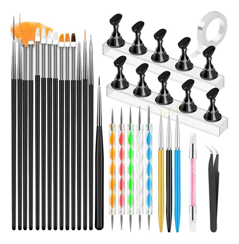 Set De Herramientas Para Uñas Negro Con Pinceles Y Soporte
