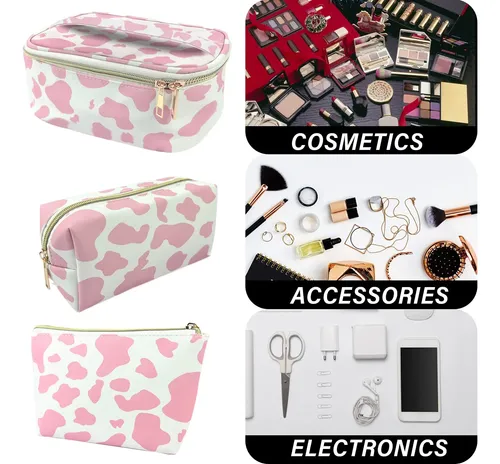 Neceser Deokke De 3 Piezas Para Viaje, Pu Impermeable, Rosa