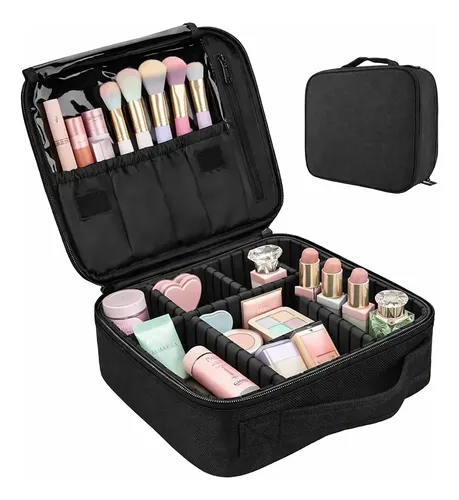 Maletin Neceser Valijita Porta Cosmetico Organizador De Maquillaje Rosa Con Divisiones Ajustables Estuche Portátil Con Cierre, Cosméticos, Perfumes, Brochas Y Viajes Levys Bazar Color Negro