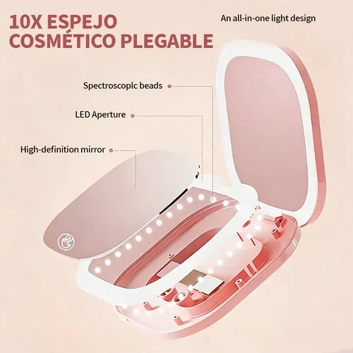 Espejo Maquillaje Portátil Led Aumento 10x Usb Recargable