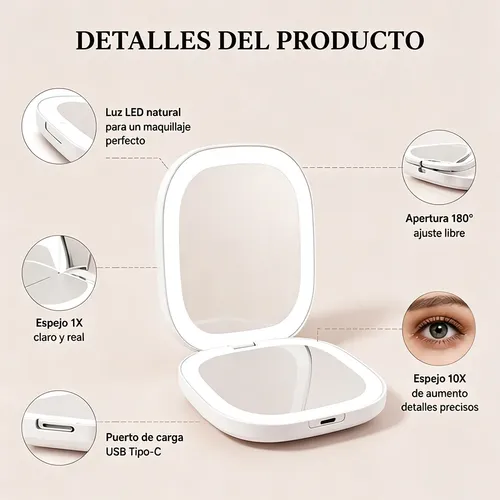 Espejo De Maquillaje Compacto Con Luz Led, Aumento De 1x/10x