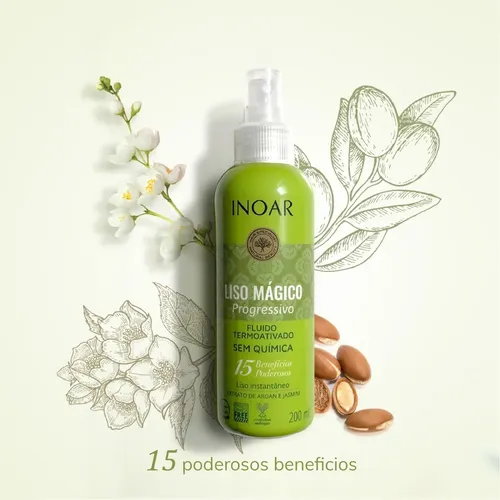Inoar Spray Protector de Calor para Cabello con Aceite de Argán Liso Mágico, Anti Frizz, Brillo y Suavidad, Ideal para Secadora y Plancha, Protección Térmica Profesional, 200 ml