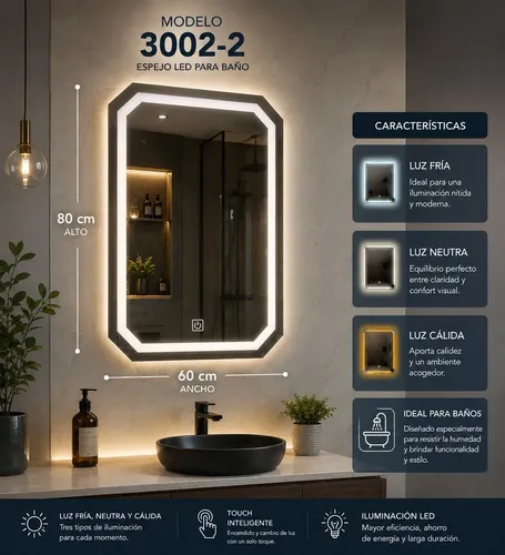 Espejo Led Octogonal Elicar 60x80cm Touch Baño Frio Calido