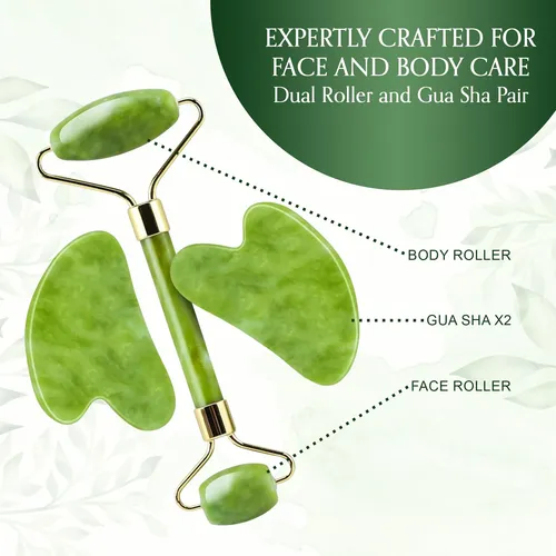 Set Masajeador Facial Jade Roller Y Gua Sha 4 Unidades Verde