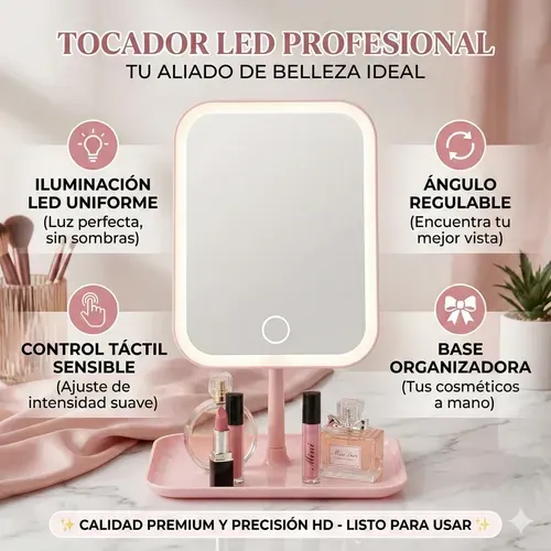 Espejo Maquillaje Luz Led 3 Modos Recargable Touch Giratorio
