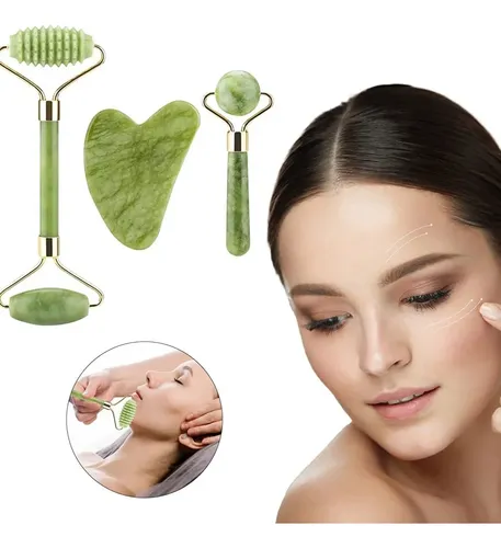 Rodillo Facial De Jade Con Textura Y Piedra Gua Sha