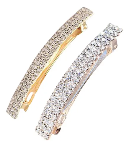 F 2 Clips Rectángulo Automático Brillante Con Strass