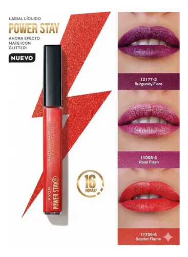 Avon Power Stay Labial Intransferible Glitter Scarlet Flame