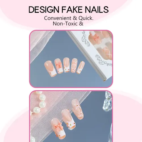 Dos Cajas De Uñas Postizas Con Lazo Dulce Francés.