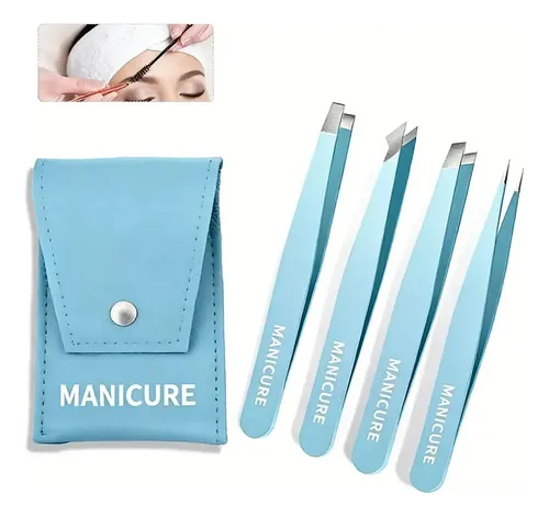 Juego De 4 Pinzas Para Cejas Con Estuche, Azul