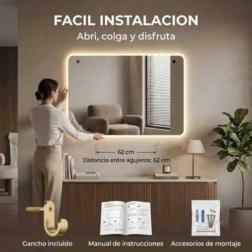 Espejo rectangular de pared LIFE H&D Palermo con luz cálida de 60cm x 80cm fuente marco blanco