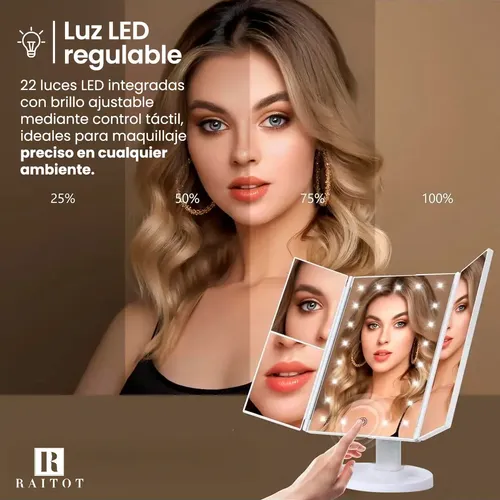 Espejo Aumento Luz Maquillaje Giratorio Tactil Touch Mesa Marco Blanco