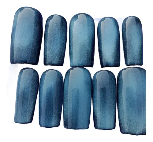 Uñas Press On Cuadradas Media Ojos De Gato Azul