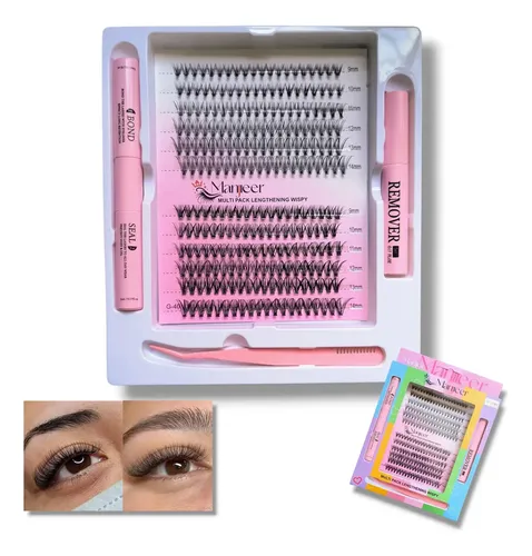 Kit Pestañas Cluster Manjieer Reutilizables Bond Seal Pinza Negro G-40 20p+30 Largos Mix De 9 A 14 Mm