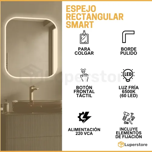 Espejo Rectangular Smart Led Touch 60×70 Cm Luz Fria Baño