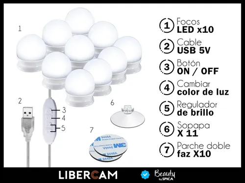 Kit 10 Focos Lamparas Luz Led Espejo Usb Beauty By Spica LPEU-700 3 Tonos Cálida / Fría / Natural