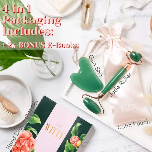 Set Rodillo Facial Y Gua Sha Jade Witty Verde
