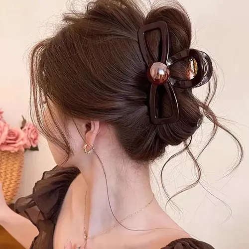 Accesorio De Pelo Para Mujer Con Forma De Lazo Hueco Y Garra Coffee Bead Hollow Bow Tie About 6.5cm Bow