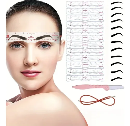 Kit 14 Pcs Diseño De Cejas Moldes Reutilizables Perfilador 14pack Eyebrow Tool (12 Eyebrow Cards + Eyebrow Razor + Rope)