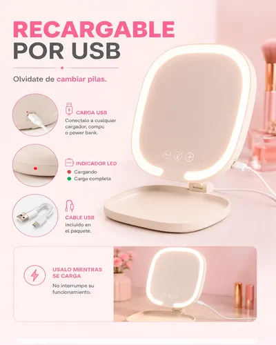Espejo Luz Led Tactil Recargable Cuadrado Maquillaje Usb
