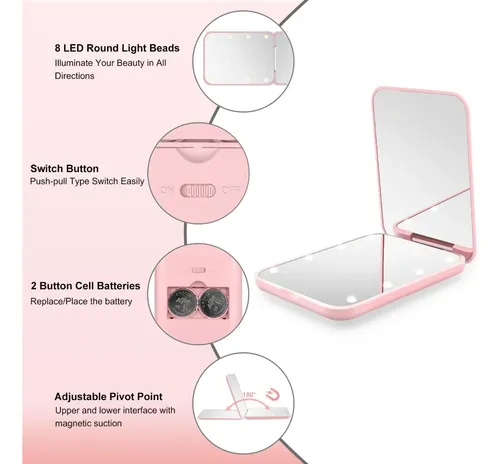 2pcs Espejo De Maquillaje Led Aumento 2x Portatil Para Para