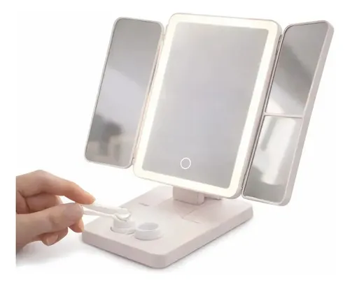 Espejo P/ Maquillaje C/ Porta Lentillas Led 3 Modos Usb Recargable Luz Ajustable Tocador Cosmética Portátil Diseño Moderno