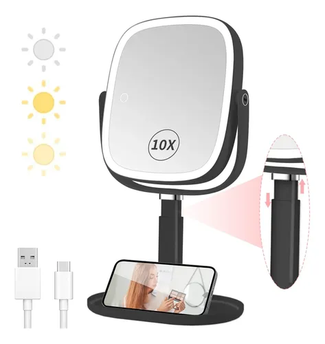 Espejo De Maquillaje Vanmirr 8.5” Con Luz Y Aumento Negro