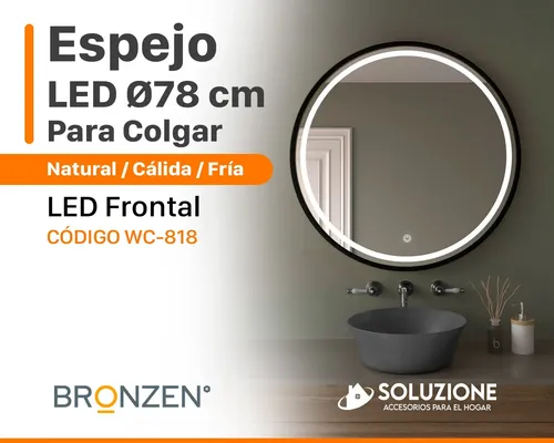 Espejo Redondo Luz Led Frontal 80cm Premium Fría Cálida