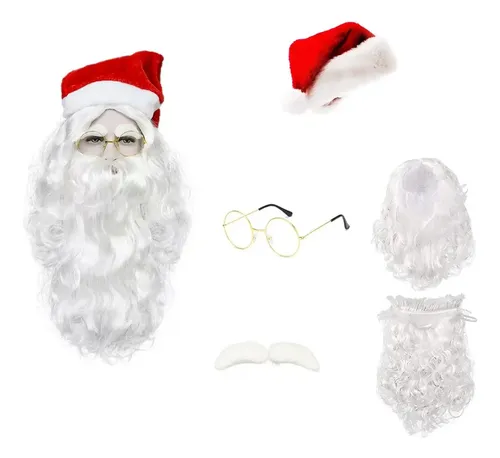 Qqx Peluca Barba Gorro Y Lentes Navidad Disfraz For Papa White (wig, Beard, Moustache) With Red Hat And Gold Glasses