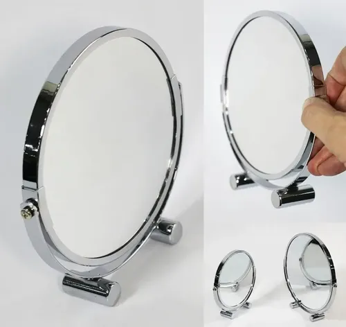 Espejo Doble 21 Cm Con Base Aumento X3 Metal Cromado 360*