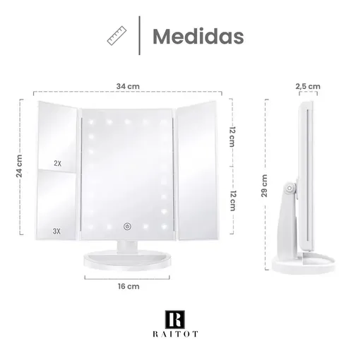 Espejo Aumento Luz Maquillaje Giratorio Tactil Touch Mesa Marco Blanco