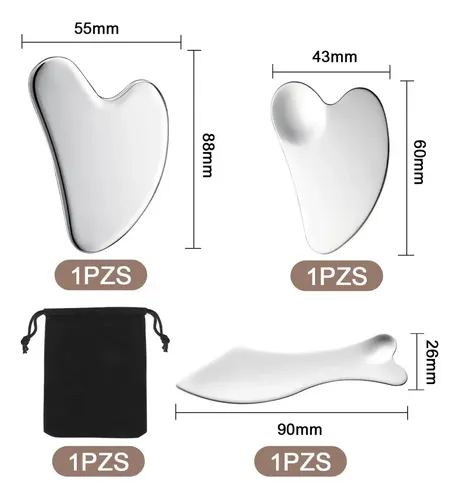 Kit 3 Piezas Guasha Facial Acero Inoxidable Masajes Cuello Todo Tipo De Piel Día/noche
