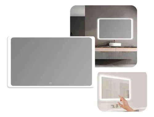 Espejo Rectangular Antiempañe Led Luz Fria/Calida 70cmX100cm Borde Pulido Display Hora Touch