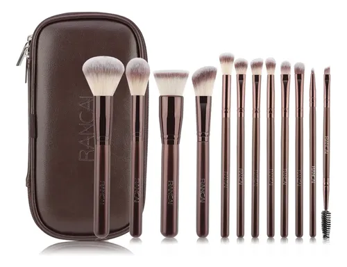 Set De 12 Pinceles Rancai Con Estuche De Cuero Marrón