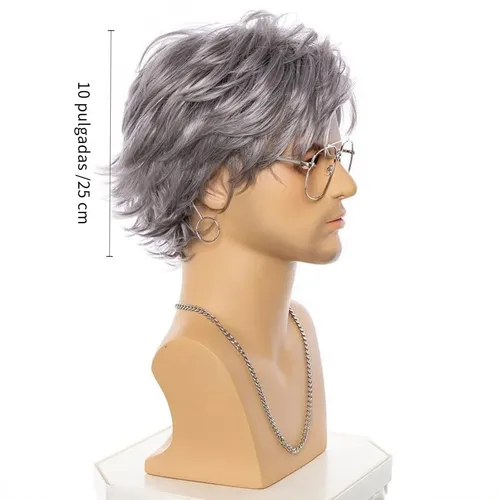 Pelucas Hombre Chico Cabello Corto Moda Gris Plateado Rizado