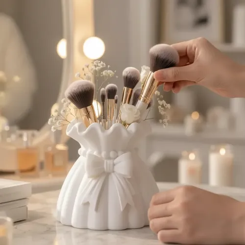 Porta Brochas Maquillaje Florero Cerámica Diseño Bolsa Moño