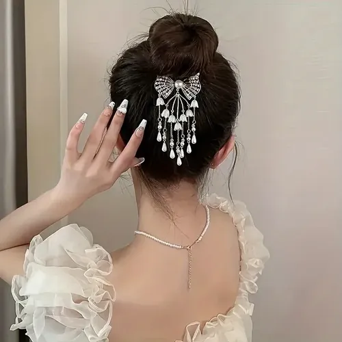 Broche De Pelo Con Perla, Cristal Y Lazo De Moda
