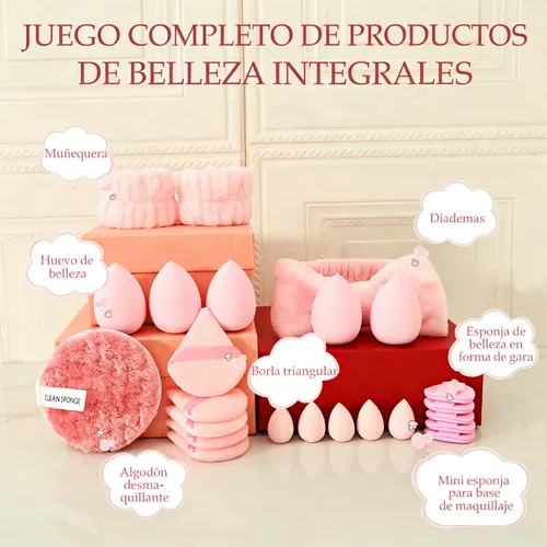 Kit 24 Esponjas Y Accesorios Para Maquillaje Rosa Dfg