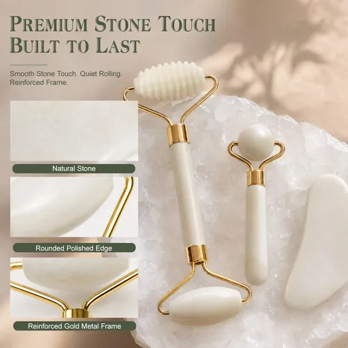 Set Masajeador Facial Jade Roller Gua Sha 3 Piezas Blanco