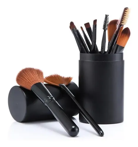 Set 12 Brochas Maquillaje Con Estuche Tubo Color Rosa