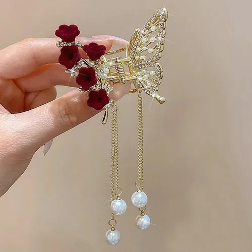 Broche Pinza Pelo Mariposa Dorada Flores Perlas Cadenas Opción 3