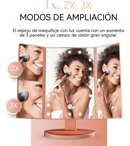 Espejo Maquillaje Luz Tríptica Aumentos 10x/3x/2x Carga Usb