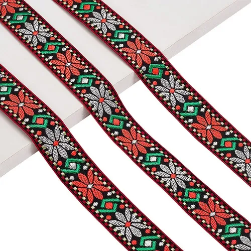 Cinta De Flores Jacquard De Poliéster Étnico De 10 Yardas, N Orange Red Floral