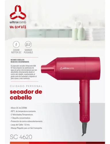 Secador De Pelo Ultracomb 2200w Sc-4620 2200W Ion QT Plegable Compacto Viaje