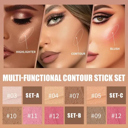 Hellokiss Set 3 Barra Contorno Iluminador Rubor Facial Larga